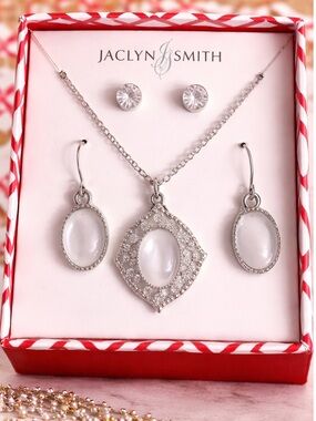 Jaclyn Smith Silver-Tone White Cabochon Pendant & Earring Set